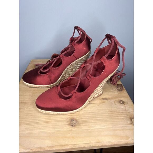Tory Burch Women's High Heels Wedge Espadrilles‎ Pompoms Satin Merlot Shoes 5.5 - Picture 1 of 12